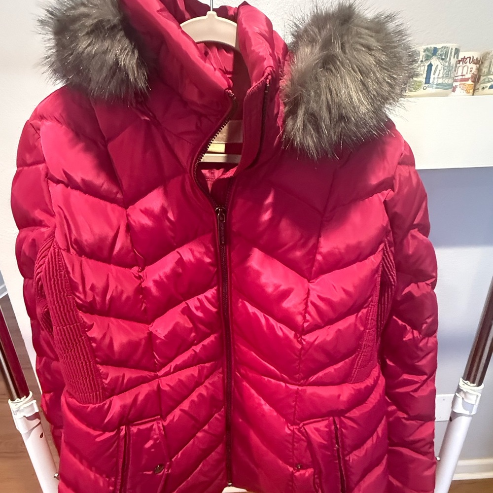 Michael Kors Pink Puffer Jacket with Faux Fur Trim